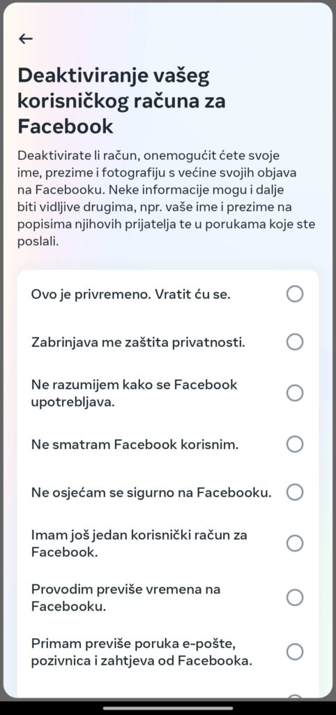 Razlog brisanja Facebooka